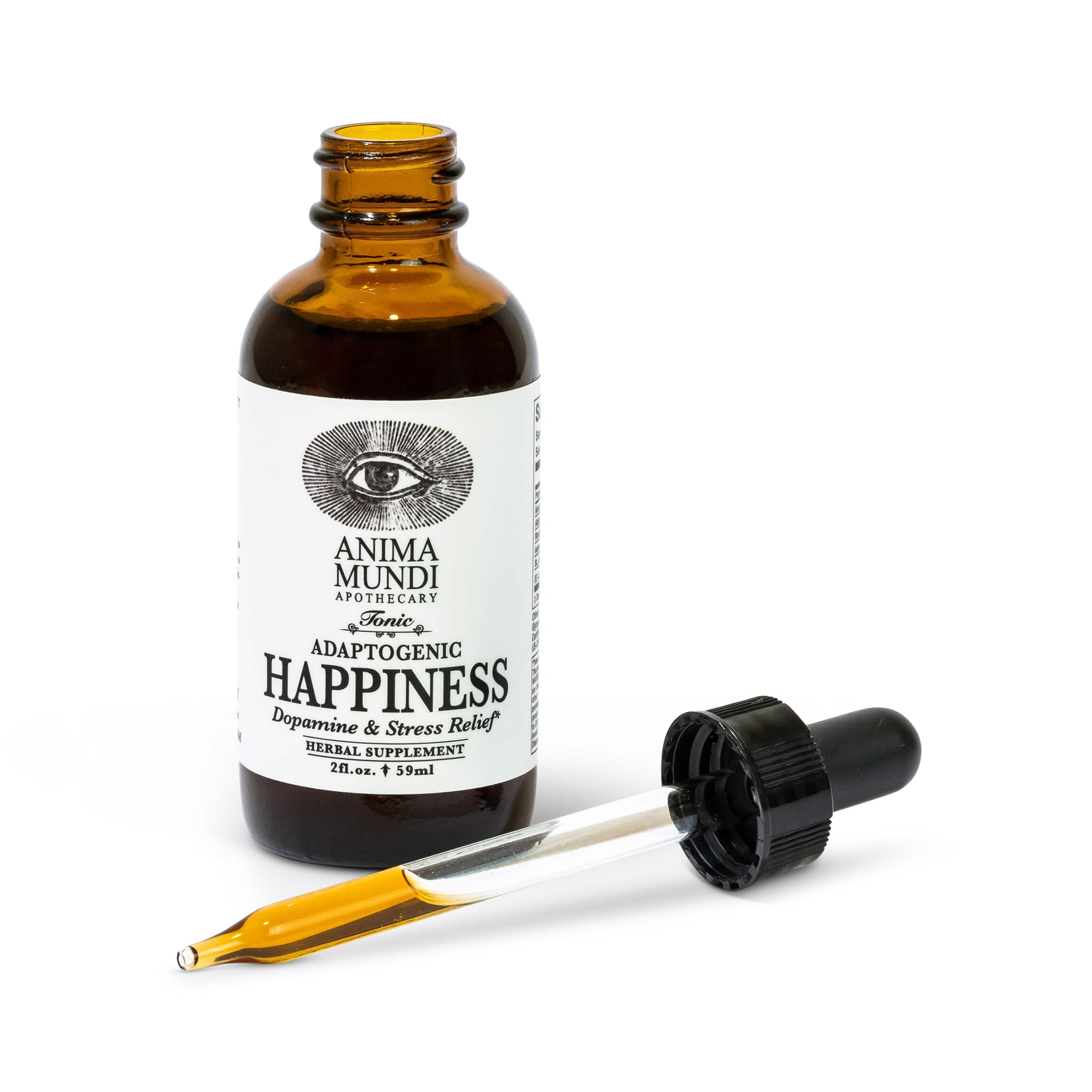 A bottle of 'Anima Mundi Adaptogenic Happiness' tonic with a dropper next to it, against a white background.